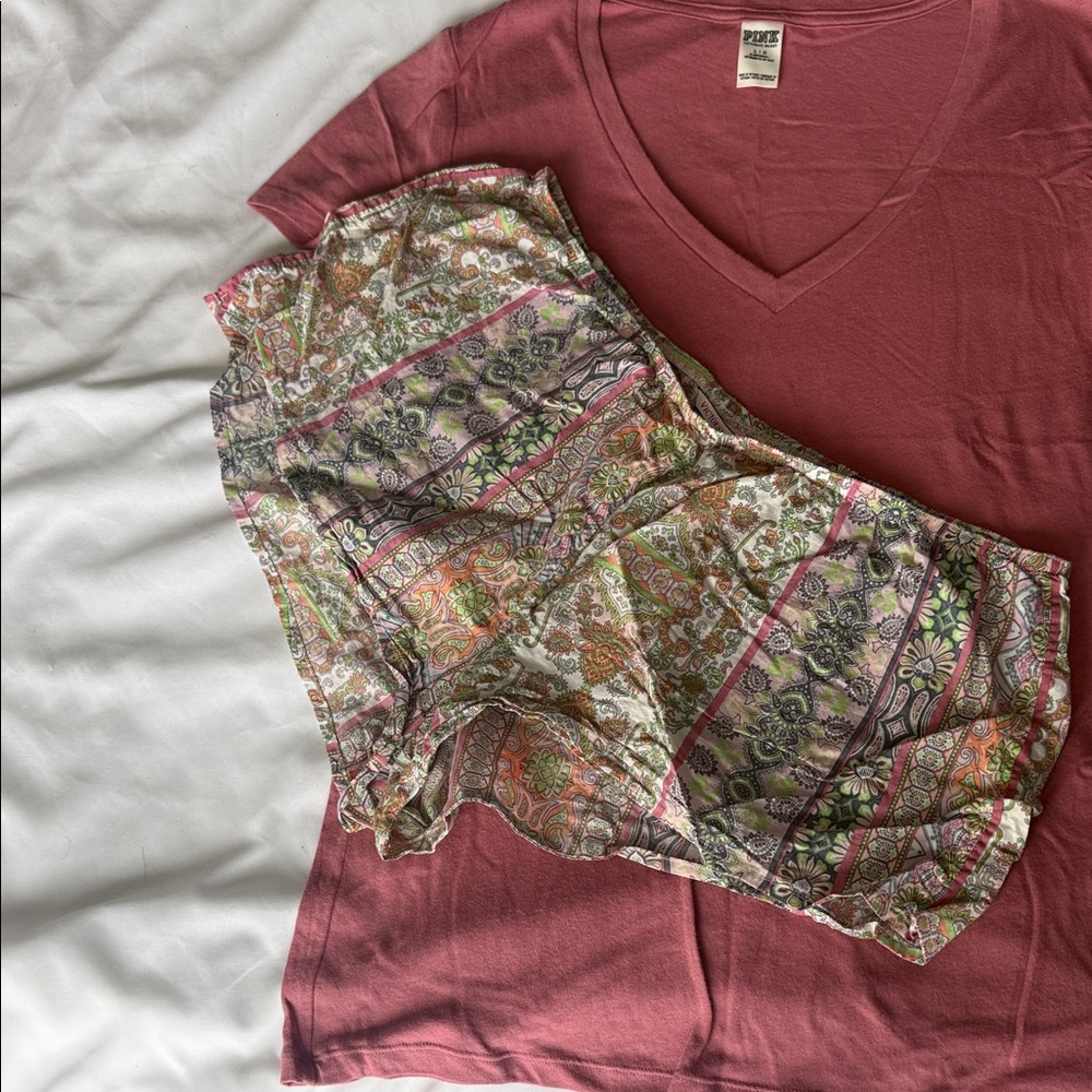 PINK V-Neck Top with Floral Print Sleep Shorts